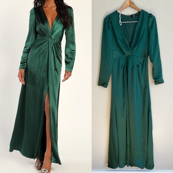 Endearing Elegance Emerald Green Satin Long Sleeve Maxi Dress - Picture 1 of 8